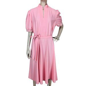 Vintage 70's Jane Baar Pink Puff Sleeve Lace Trim Belted Midi Dress